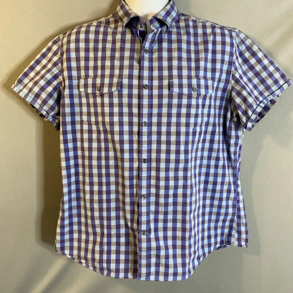 Banana Republic Plaid Shirt Short Sleeve Button Up Purple Plaid Mens XL Casual